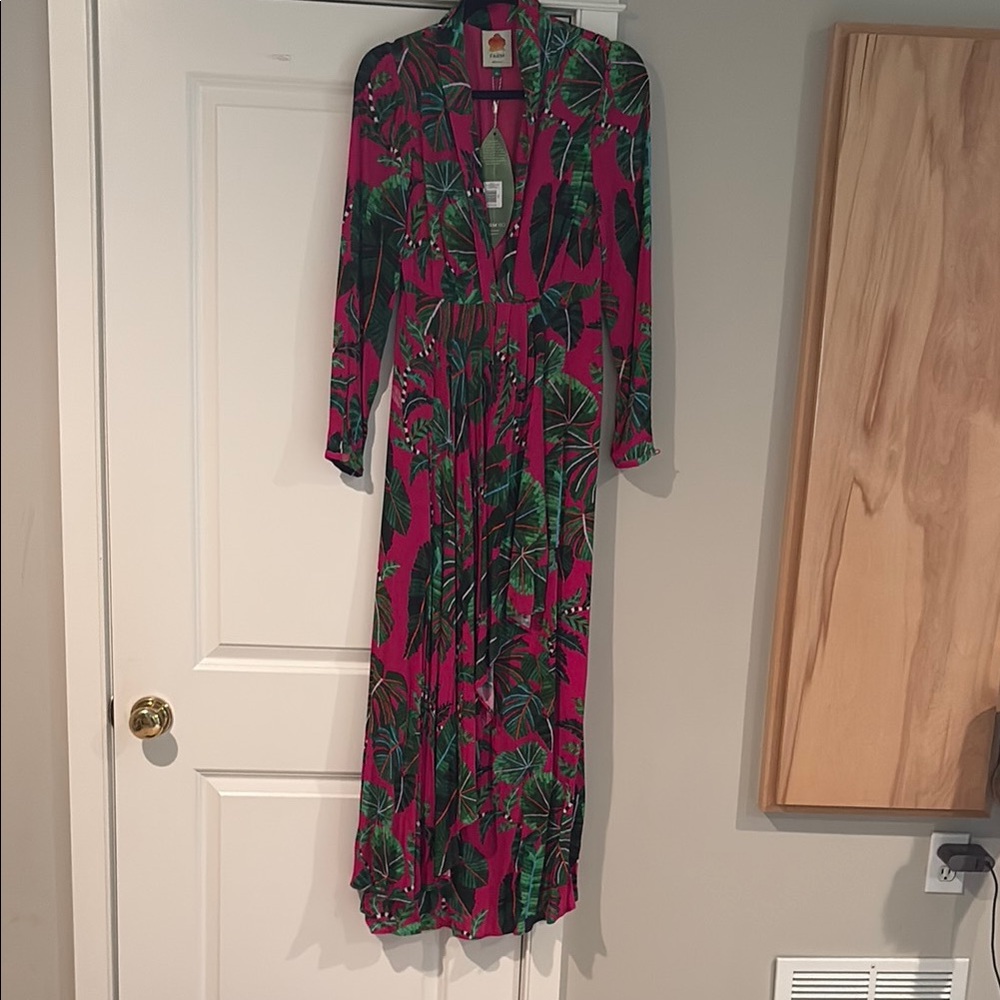 FARM Rio Pink and Green Long Sleeve Wrap Gown